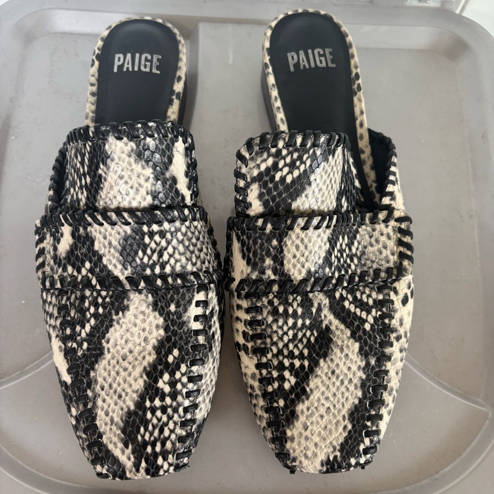 PAIGE Black and White Snakeskin Mules